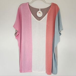 Emerald NWT Striped Colorblock Top Shirt V-neck Pastel Short Sleeve Tee 3X